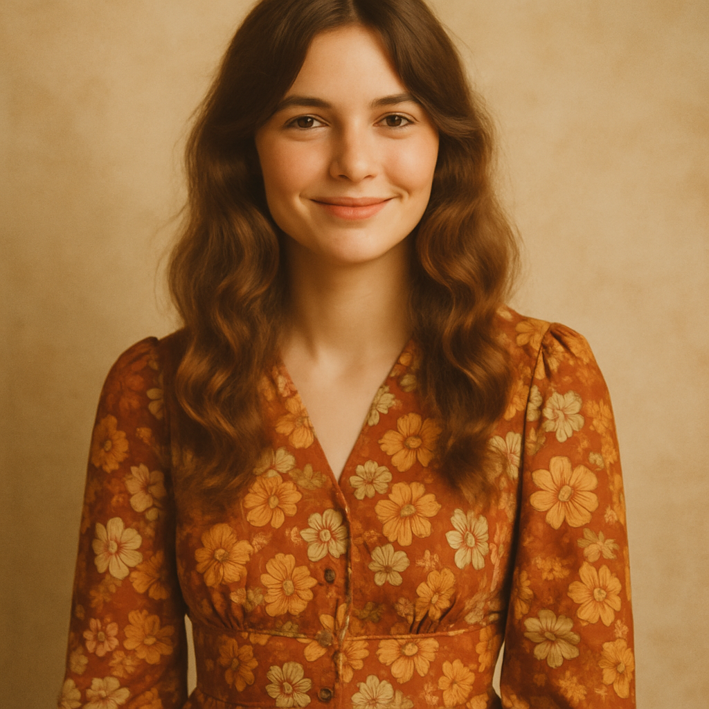 Lina smiling in a floral 70s dress