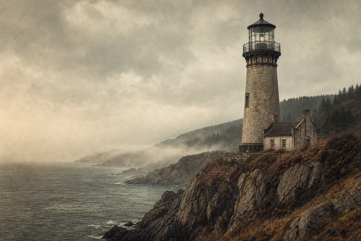 Archival-style northern coast lighthouse on rugged cliffs under misty skies