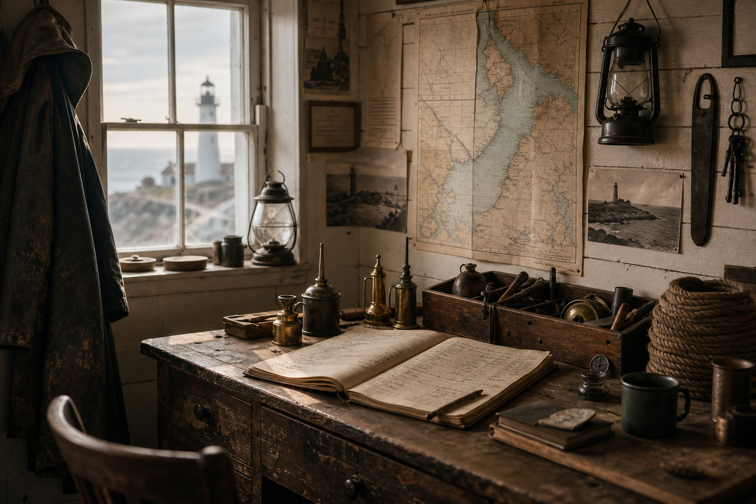 Archival-style lighthouse workroom interior with brass oil cans, wall charts, and a keeper\'s desk lit by muted morning window light
