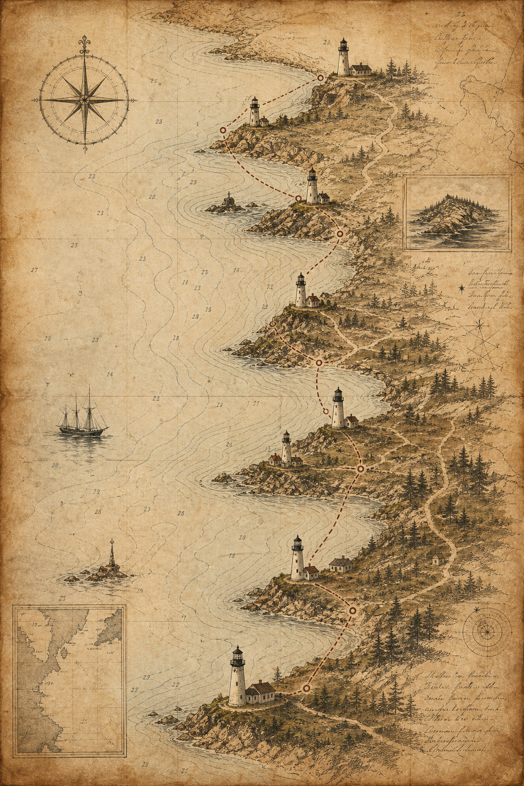 Archival-style coastal chart showing lighthouse expansion points along the northern shoreline