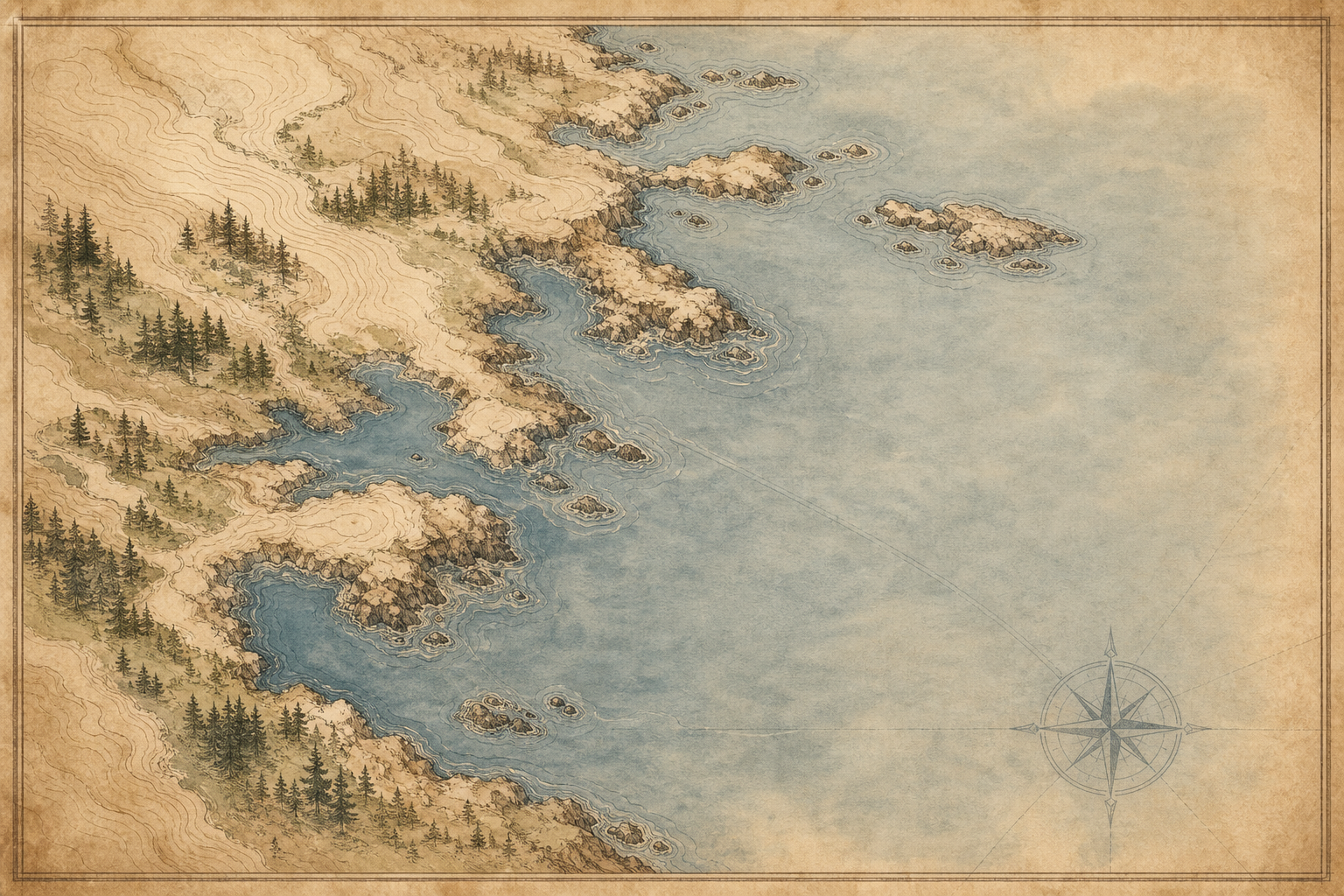 Stylized map of the northern coast with shoreline contours and preserved lighthouse locations
