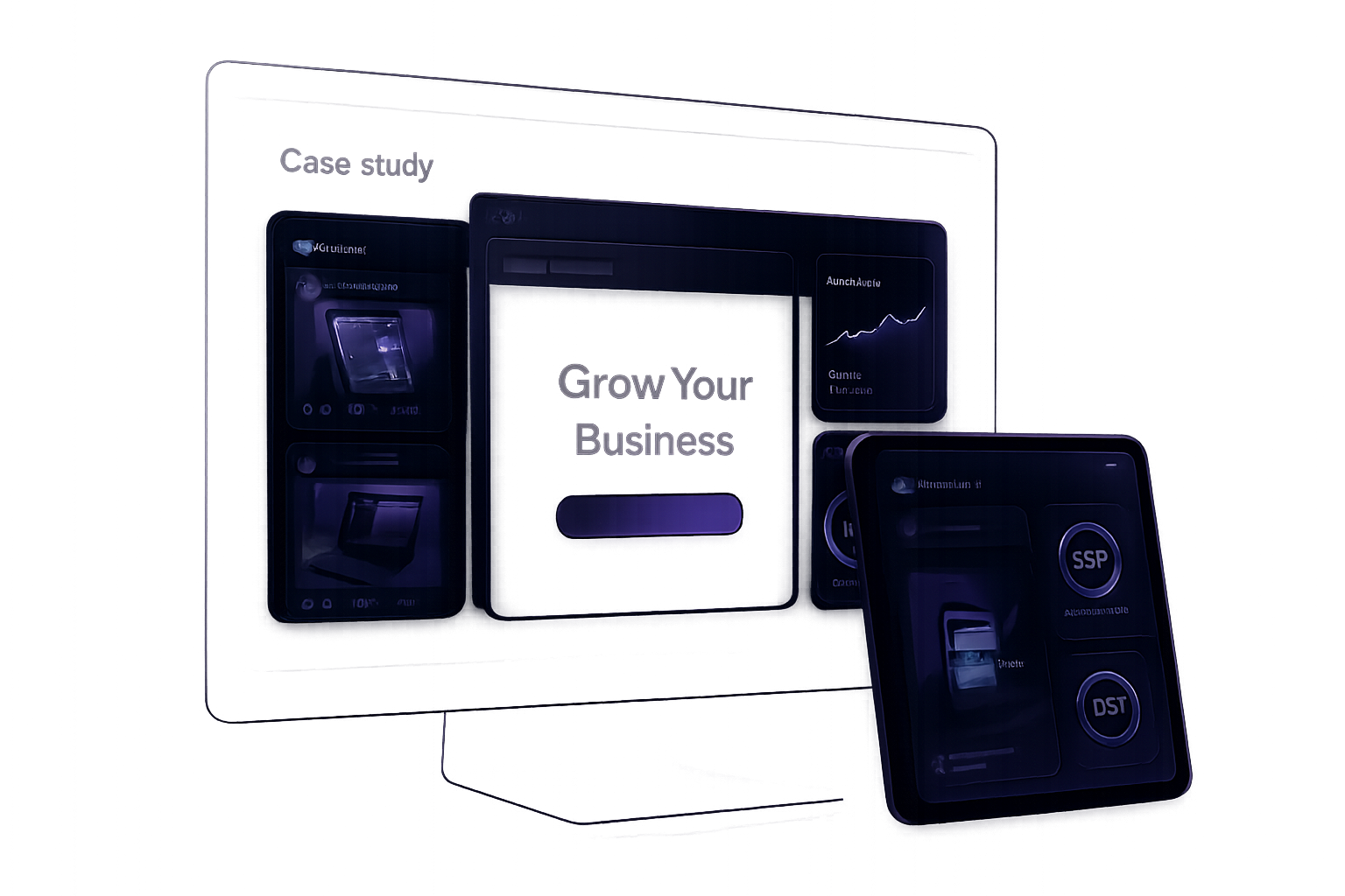 Polished agency case-study mockup presented on layered screens with dark violet atmospheric lighting and refined glassmorphism accents