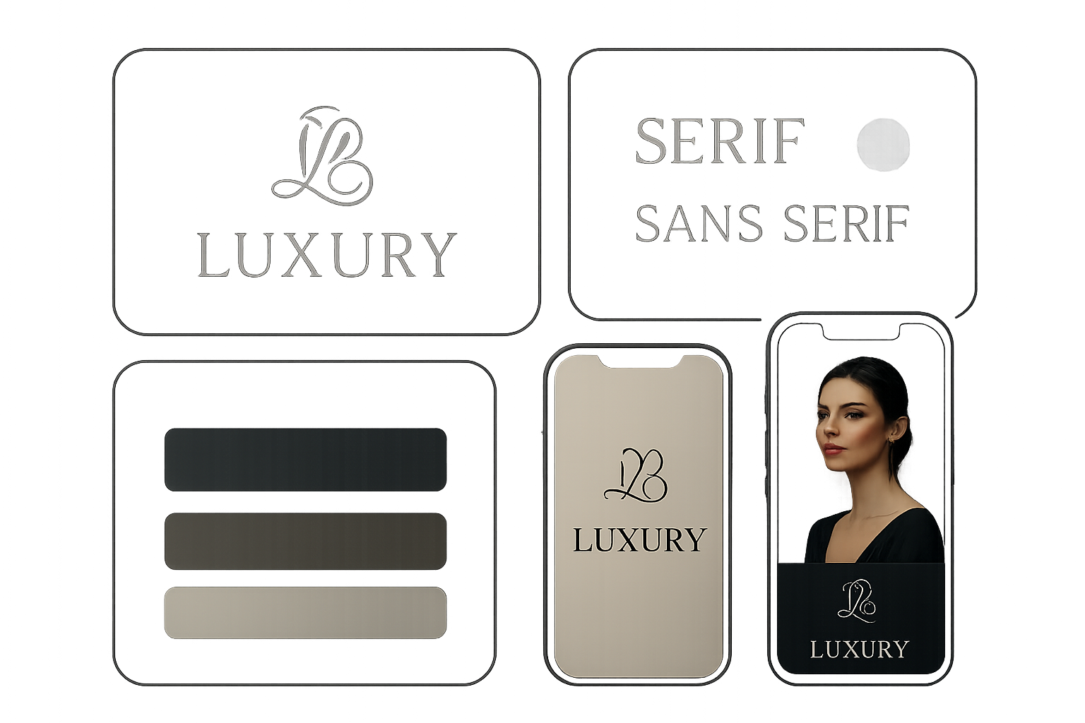 Luxury dark branding presentation with logo systems, typography, and social mockups in glass panels