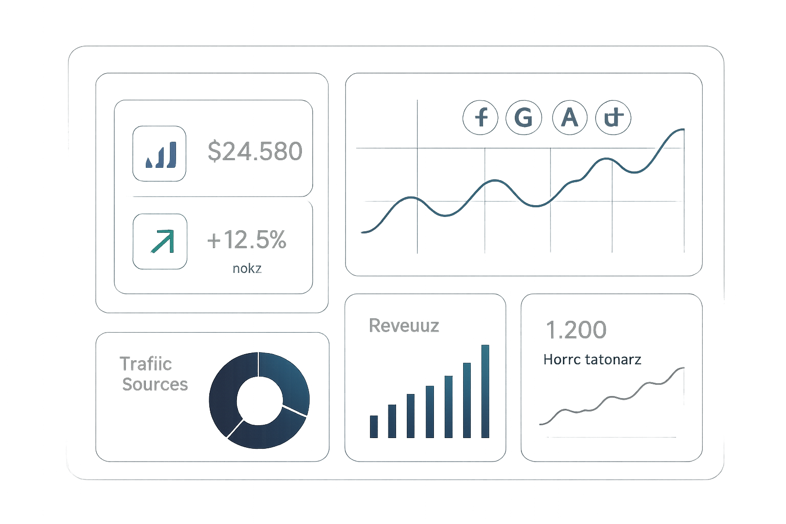 Performance marketing command center mockup showing cross-channel analytics in dark glass UI