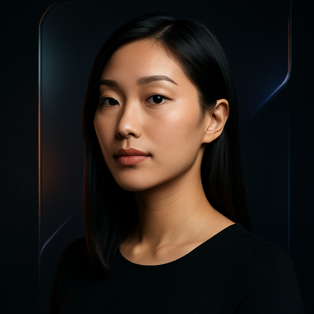 Refined portrait of Sofia Liang, creative designer, with polished abstract gradient shadows and cinematic studio lighting