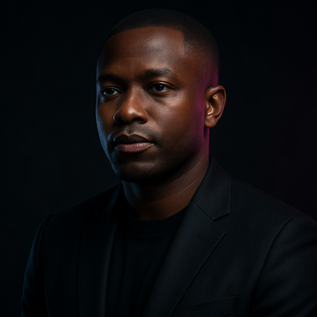 Professional portrait of Daniel Okafor, paid media lead, in crisp directional light with subtle neon edge accents