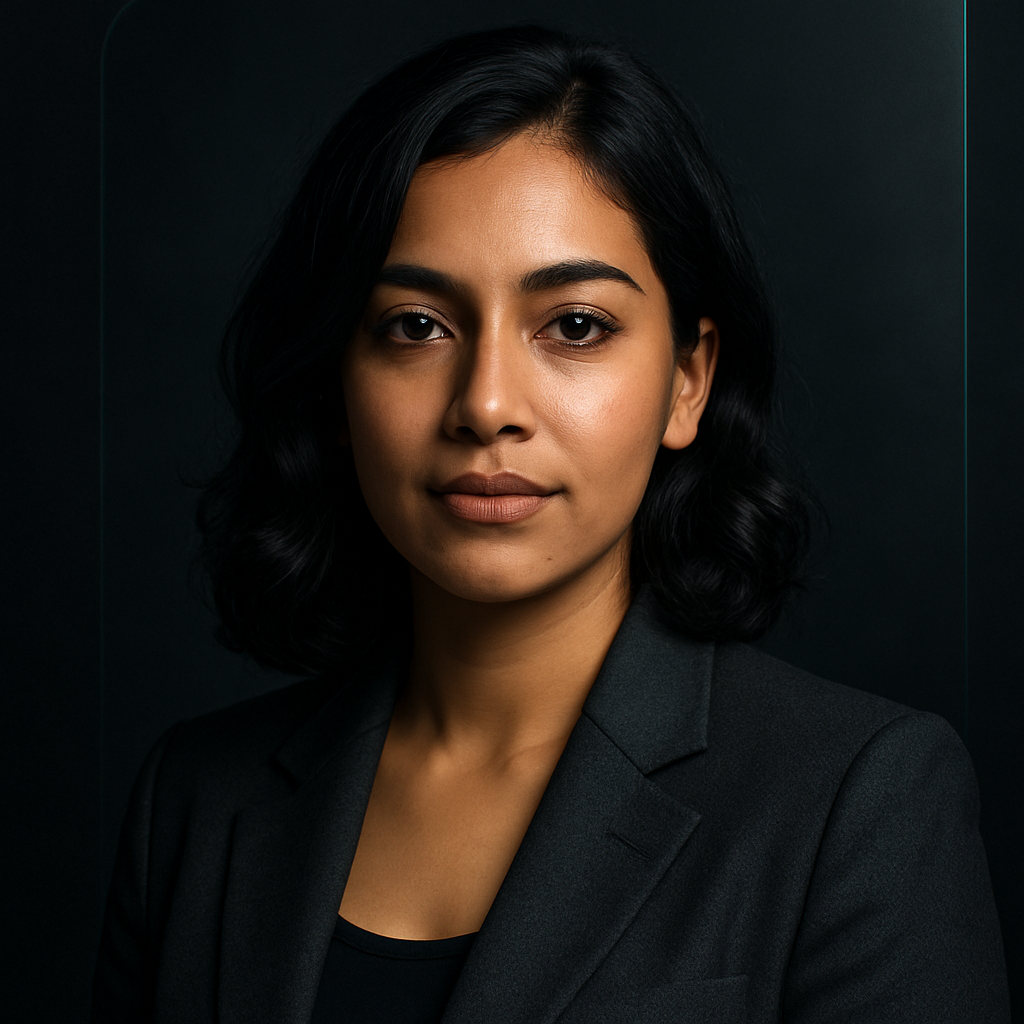 Stylized portrait of Maya Rahman, strategy director, with premium studio rim lighting and a dark glassmorphic backdrop