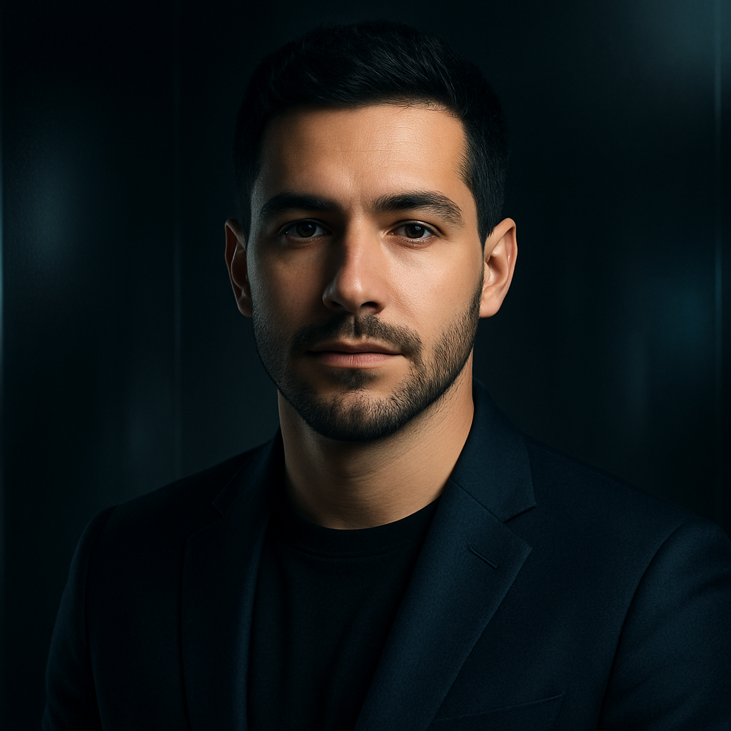 Modern portrait of Lucas Mendes, web execution manager, lit with clean high-contrast studio light and dark tonal background