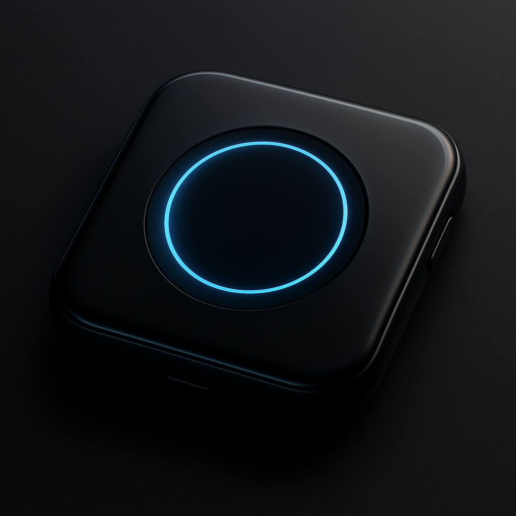 Conceptual Farcaster Pop device mockup with a glossy dark body, rounded corners, and a softly glowing circular screen