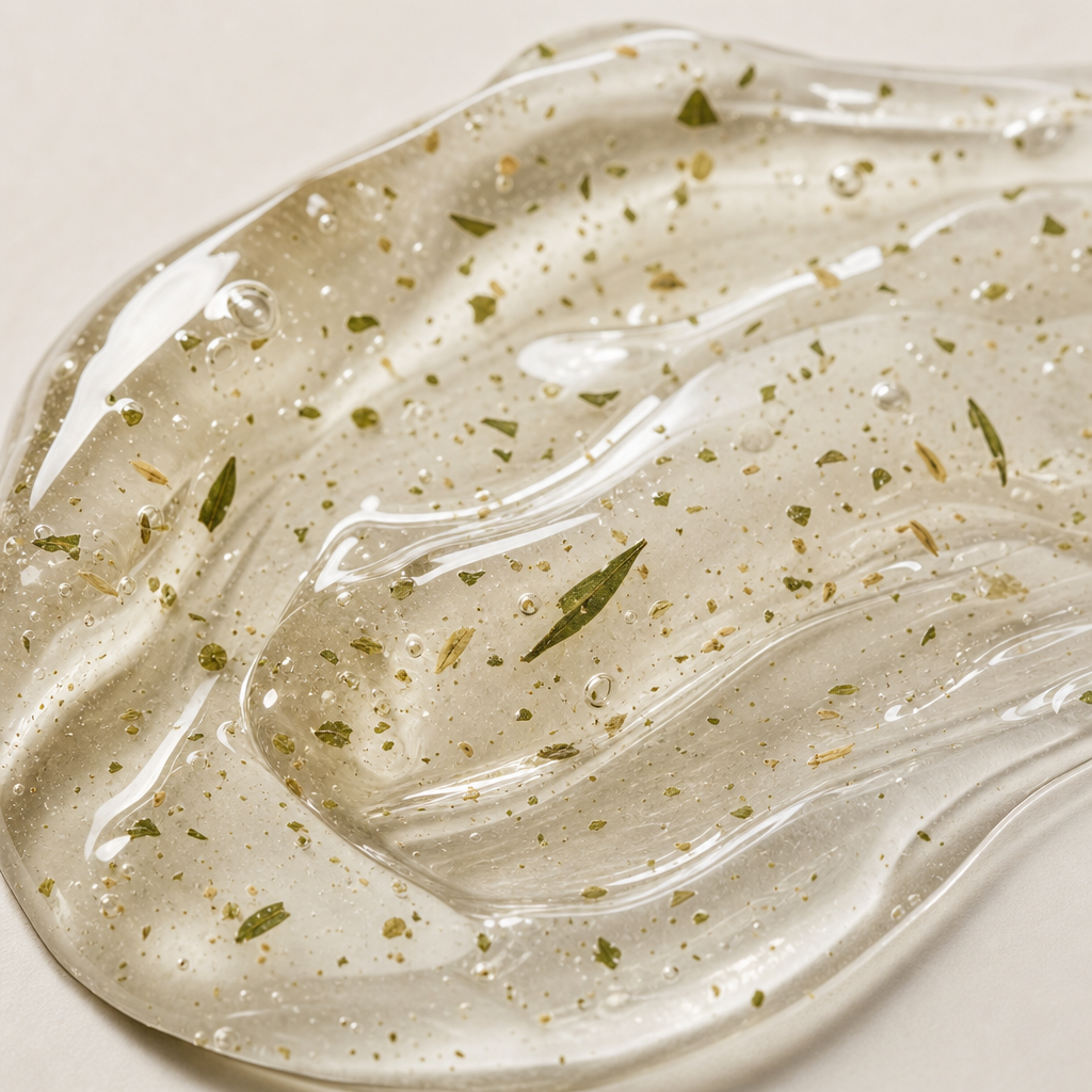 Macro texture of translucent gel with tiny botanical fragments