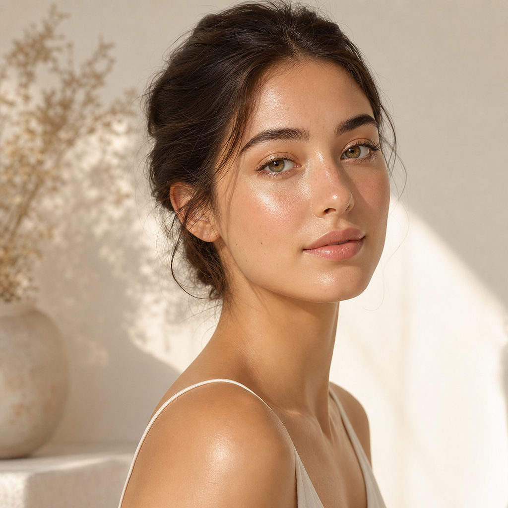 Softly lit portrait of a young woman with clear glowing skin, calm expression, and minimal makeup
