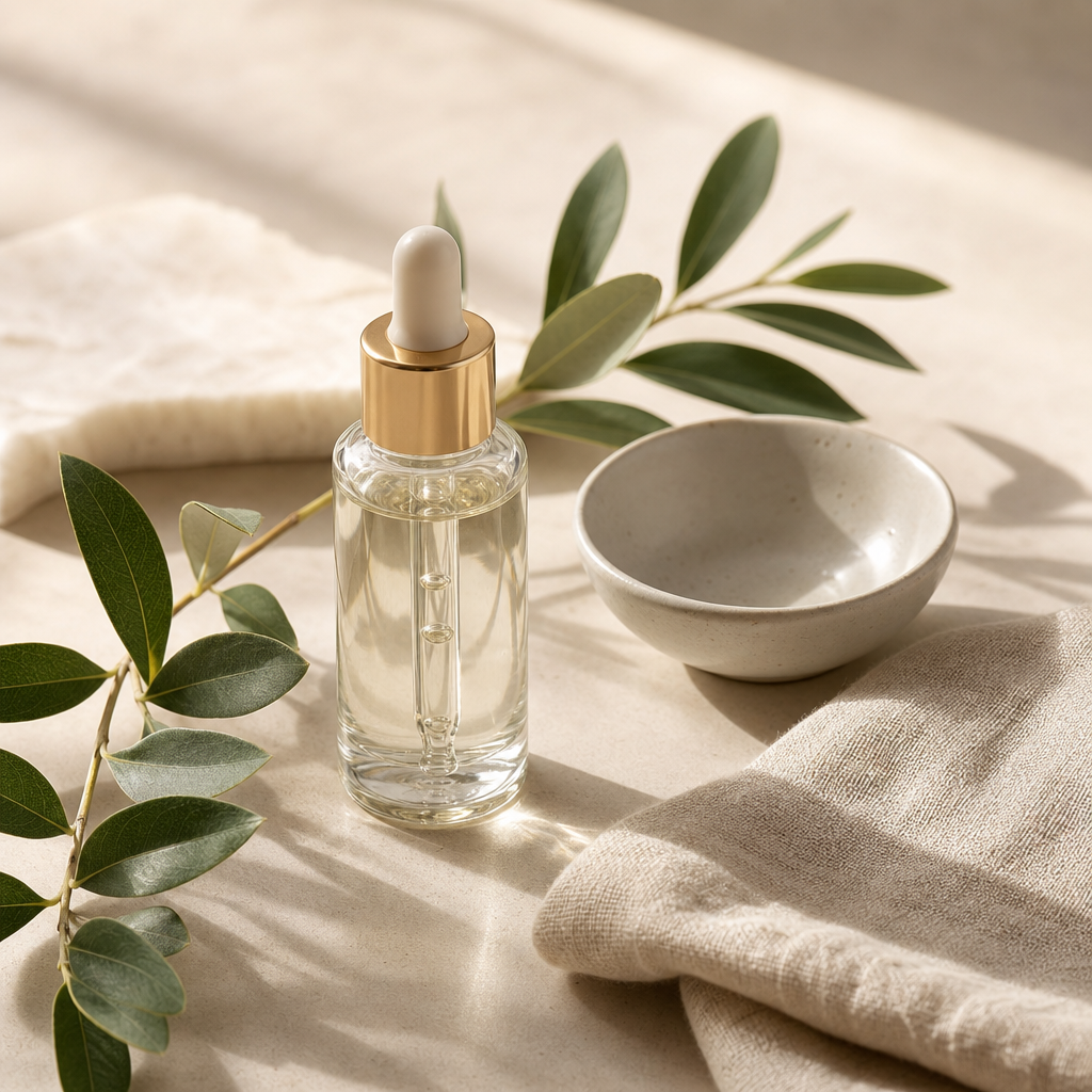 Minimal skincare ritual still life with a glass serum bottle, ceramic bowl, and botanical leaves on a warm neutral surface