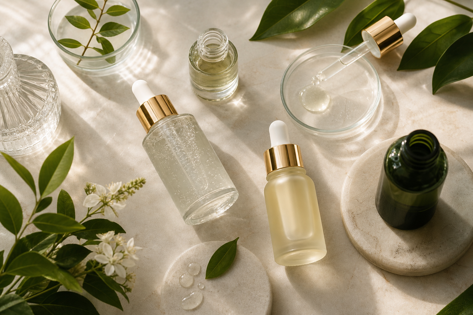 Soft editorial skincare flat-lay with glass droppers, botanical leaves, and serum textures