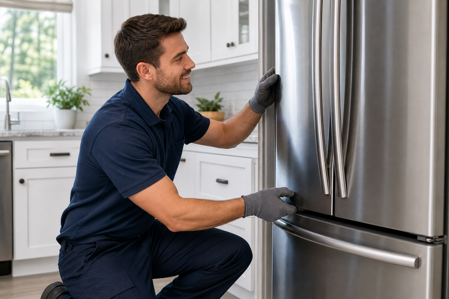 Friendly appliance repair technician inspecting a stainless steel refrigerator in a bright, modern kitchen