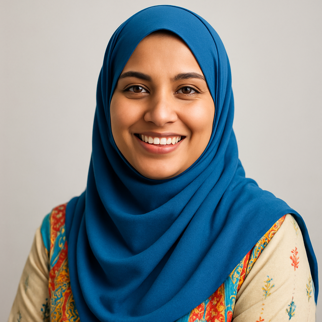Sadia Khan, Pakistani woman in blue hijab, smiling