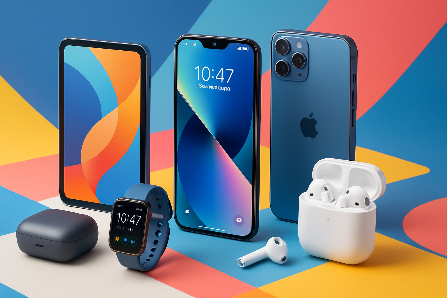 Modern smartphones and gadgets on a vibrant tech-inspired background