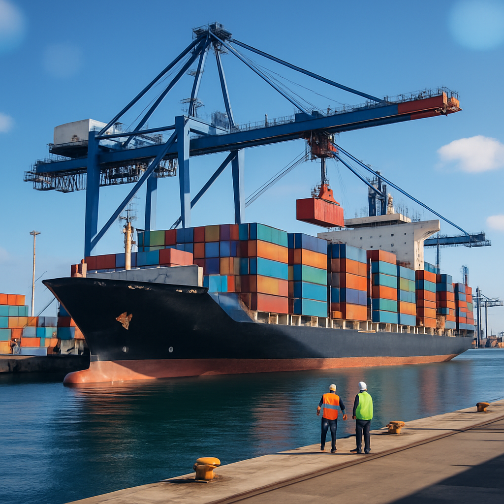 Cargo ship with containers being serviced at international port