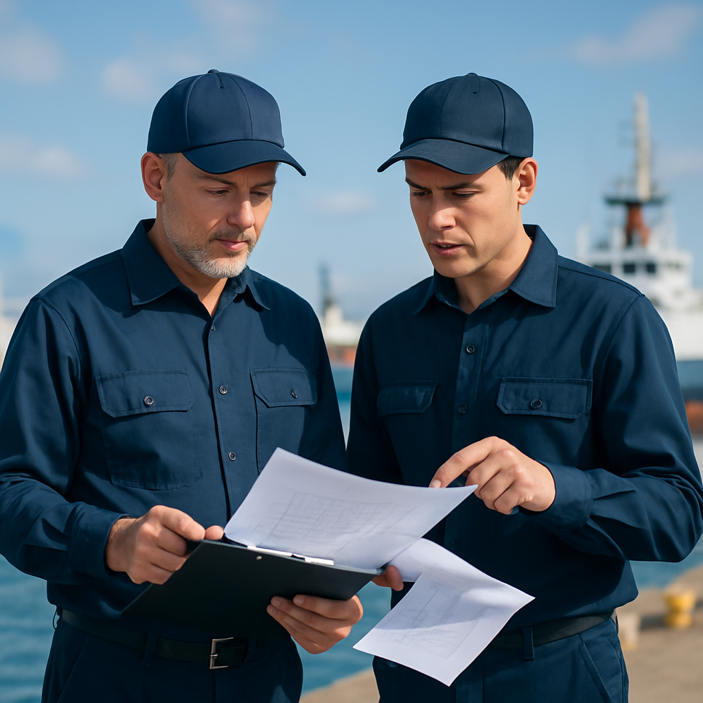 Professional marine consultants in uniforms discussing vessel plans on dock