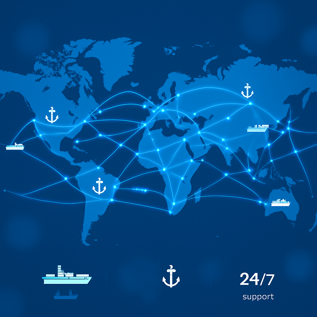 Global marine network with world map and ship routes highlighted in blue