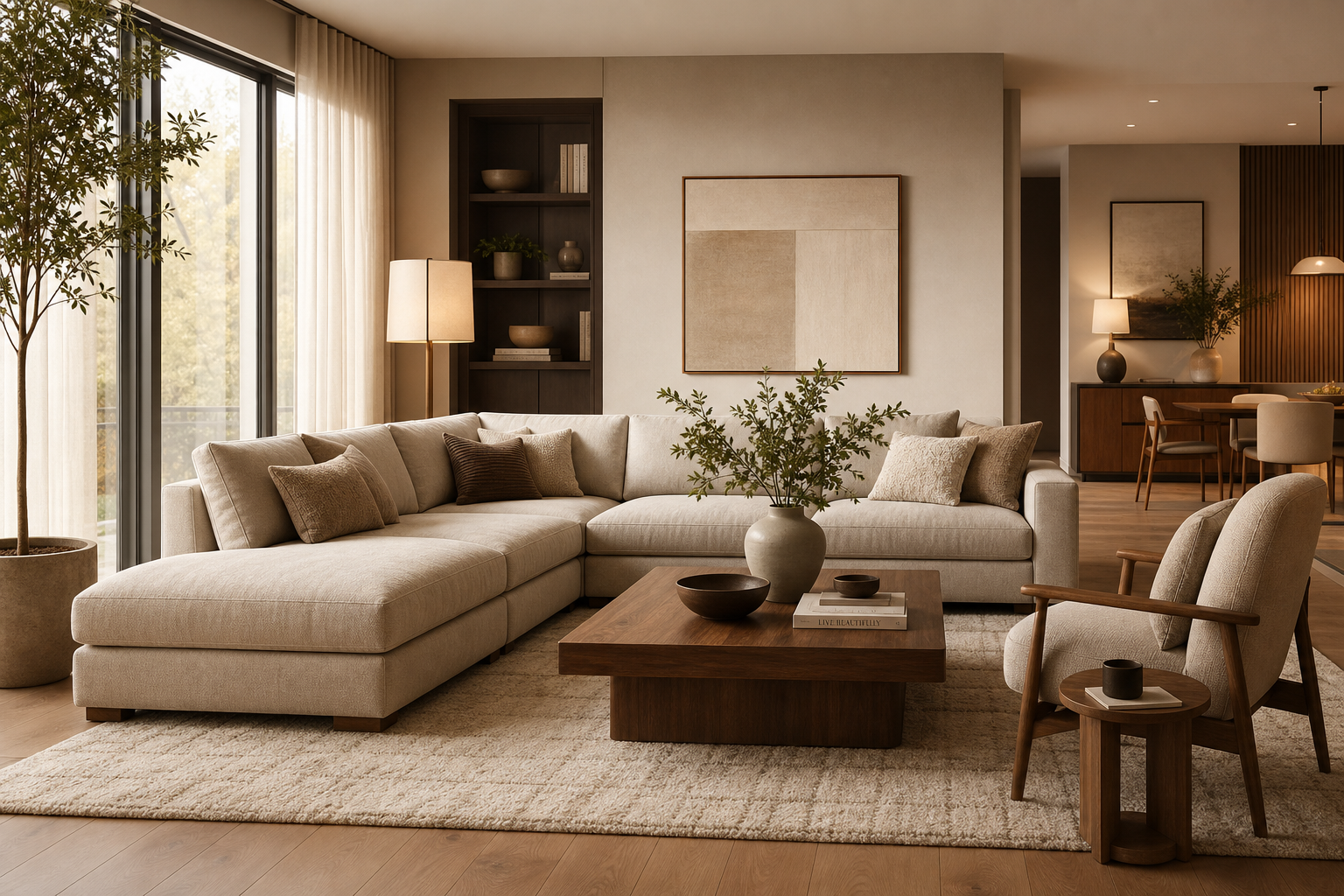 Modern warm-neutral living room with a beige sectional sofa, walnut coffee table, soft textured rug, and layered lighting