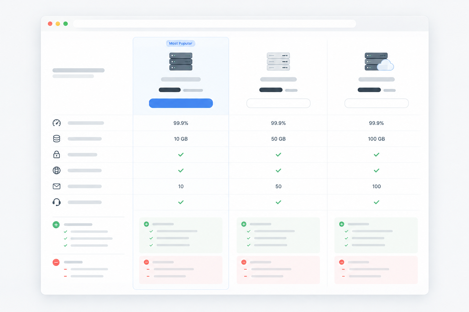 Minimal hosting comparison interface mockup with three provider columns, pricing rows, feature checkmarks, and clear pros-and-cons labels
