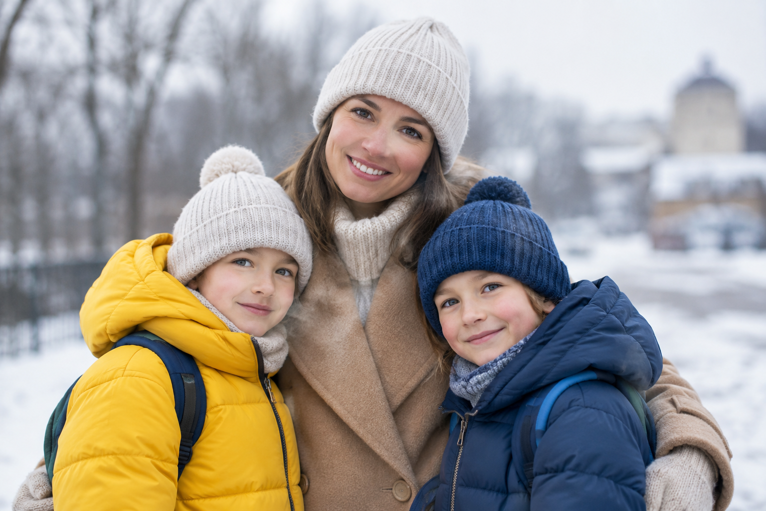 Two bundled children and their caregiver smiling together outdoors on a cold winter morning