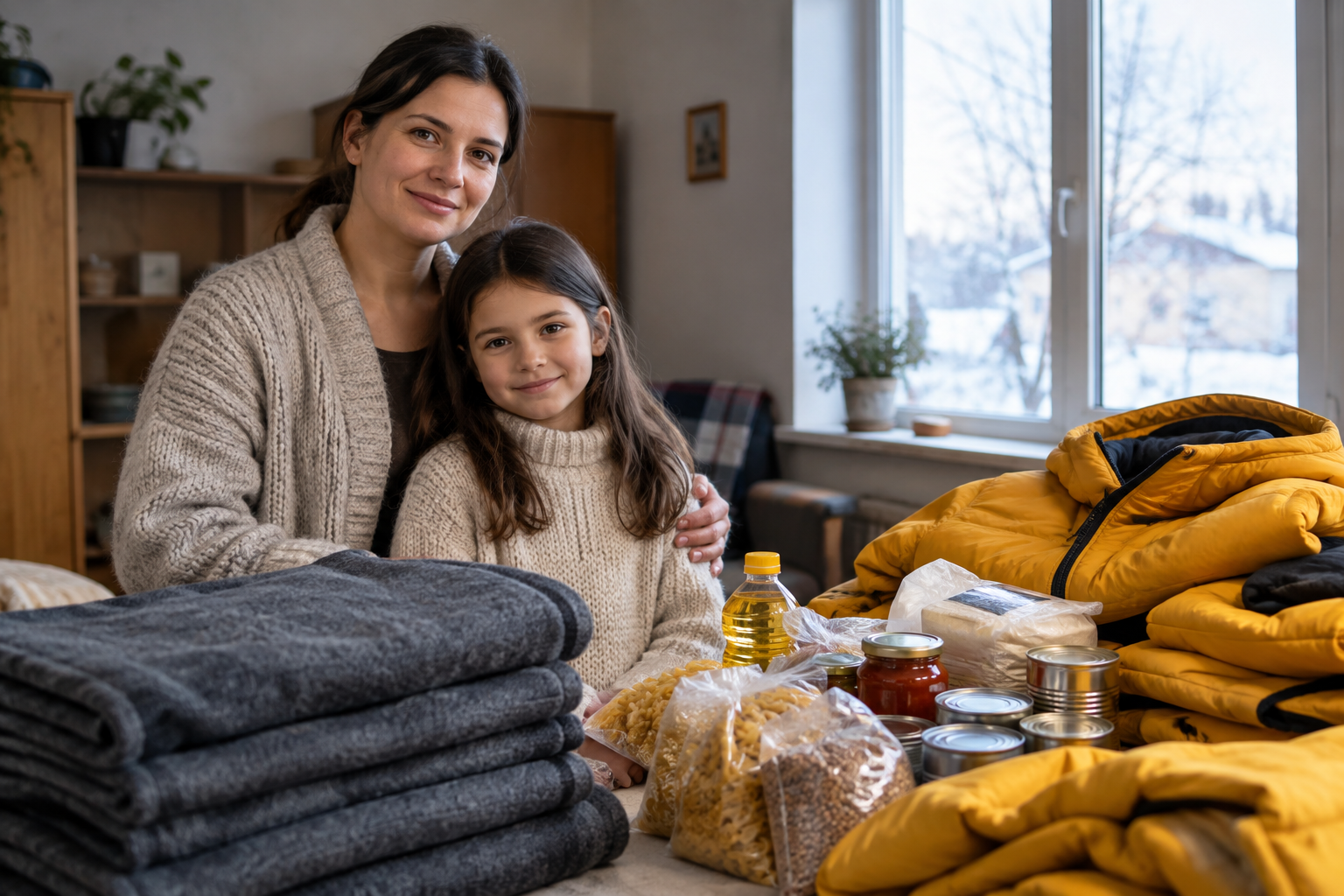 Mother and young daughter indoors beside winter blankets, food parcels, and warm clothing