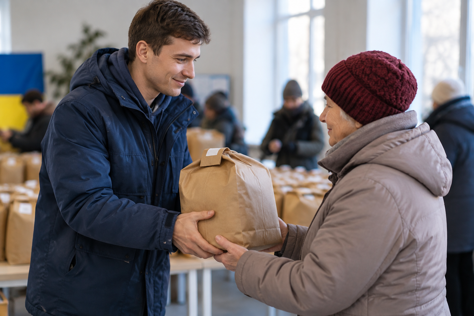 Volunteer handing a winter care kit to an older resident at a community distribution point
