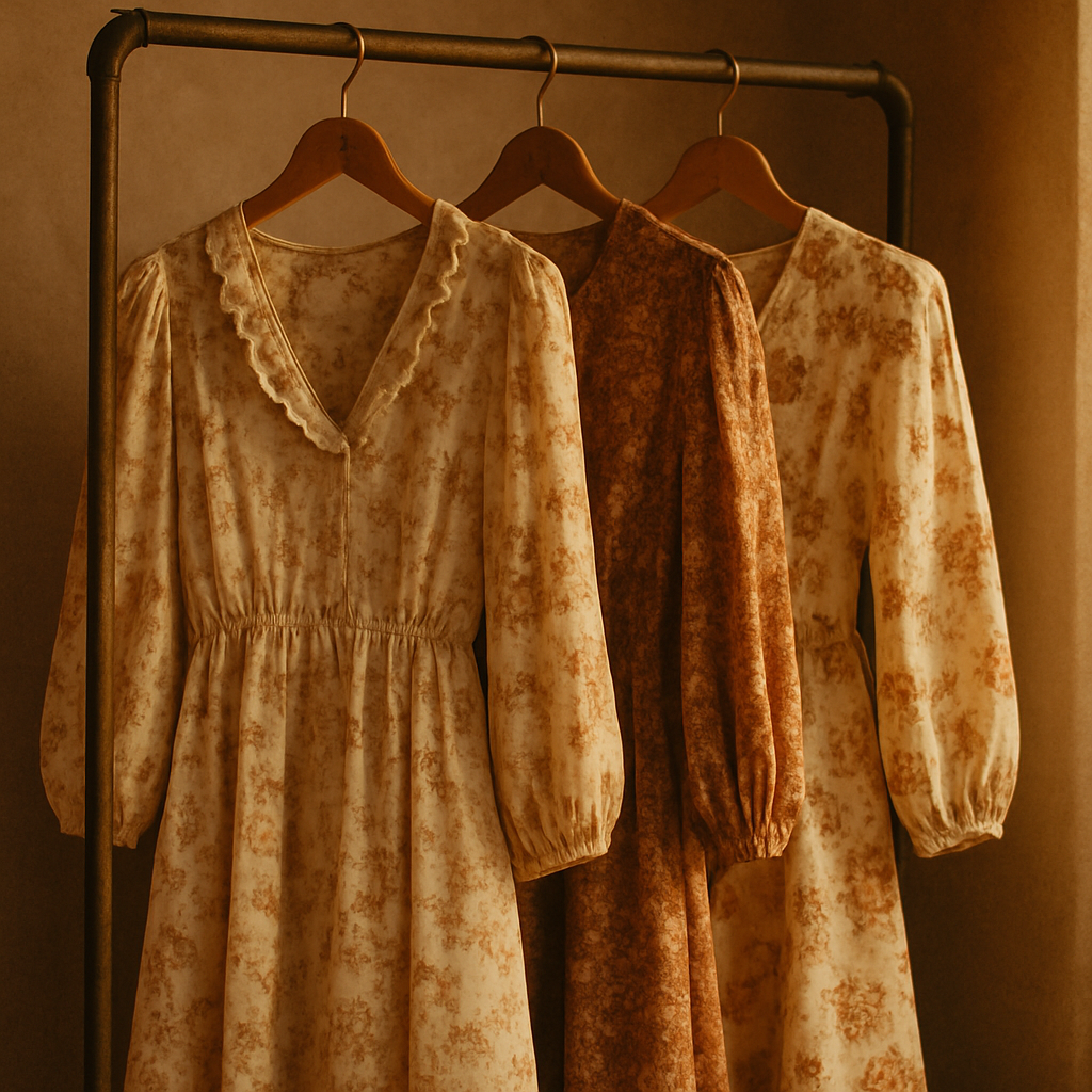 Vintage floral dresses in cream and rust tones hanging in a softly lit studio