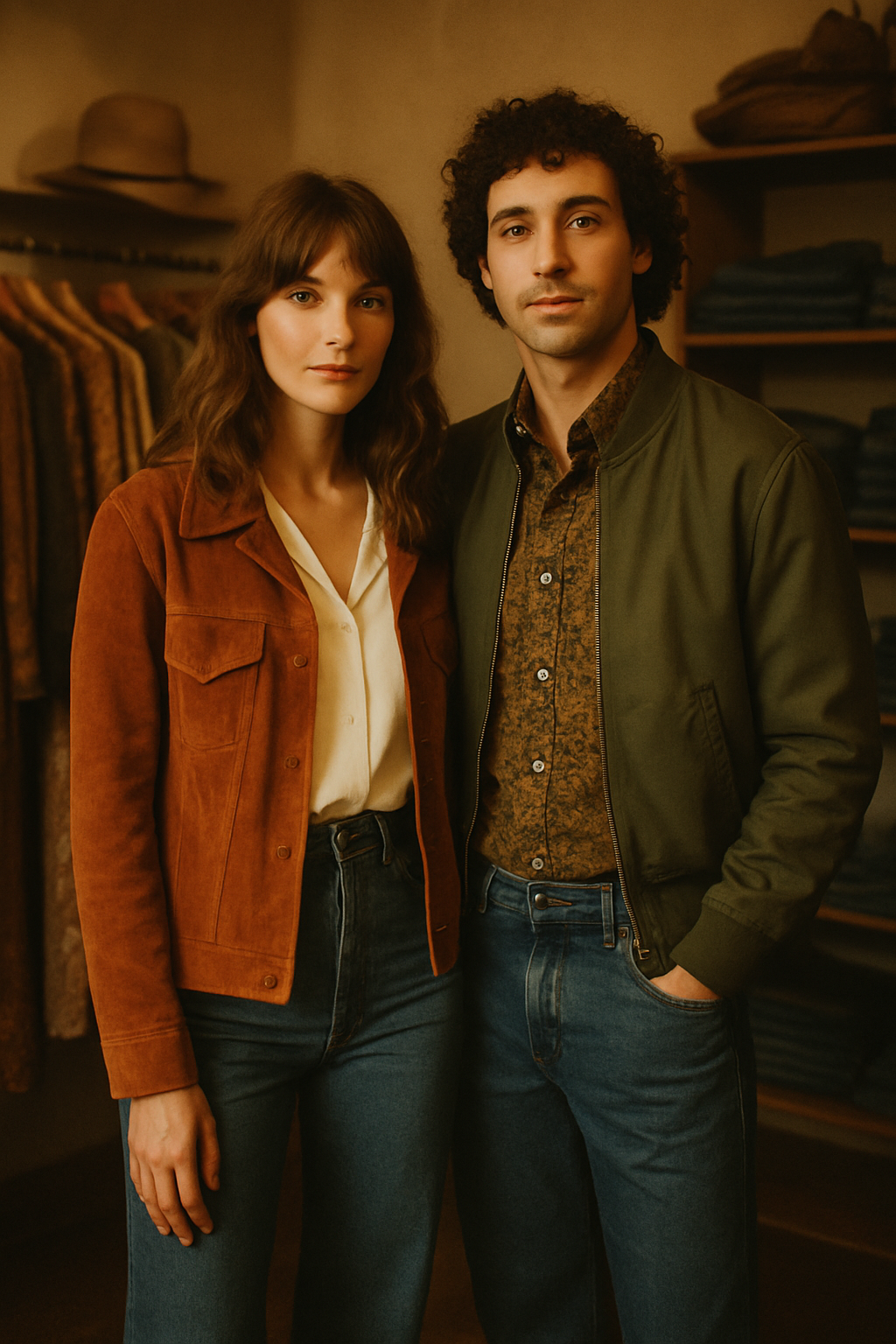 Warm film-style portrait of a stylish couple wearing 70s and 80s vintage outfits with textured fabrics and earthy tones inside a cozy boutique
