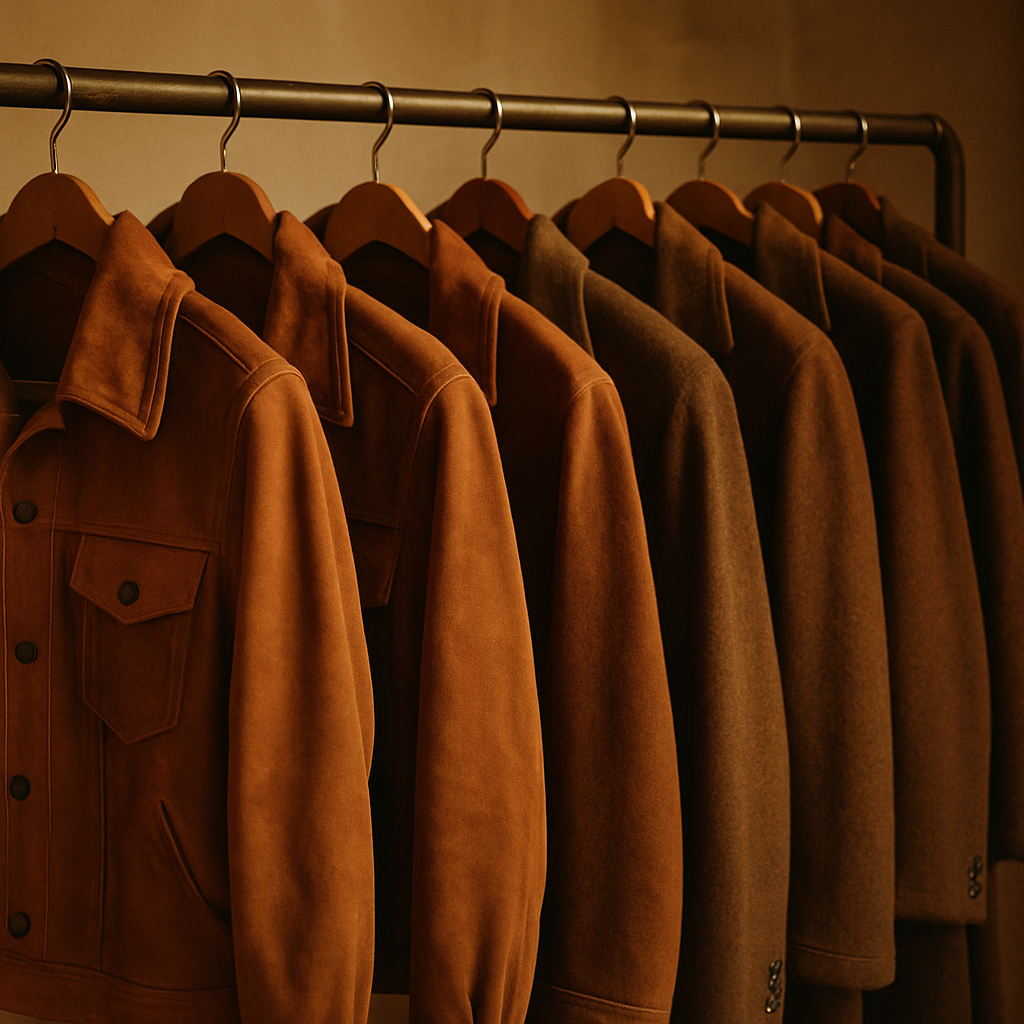 Warm-lit vintage boutique rack featuring caramel suede jackets and tobacco wool coats