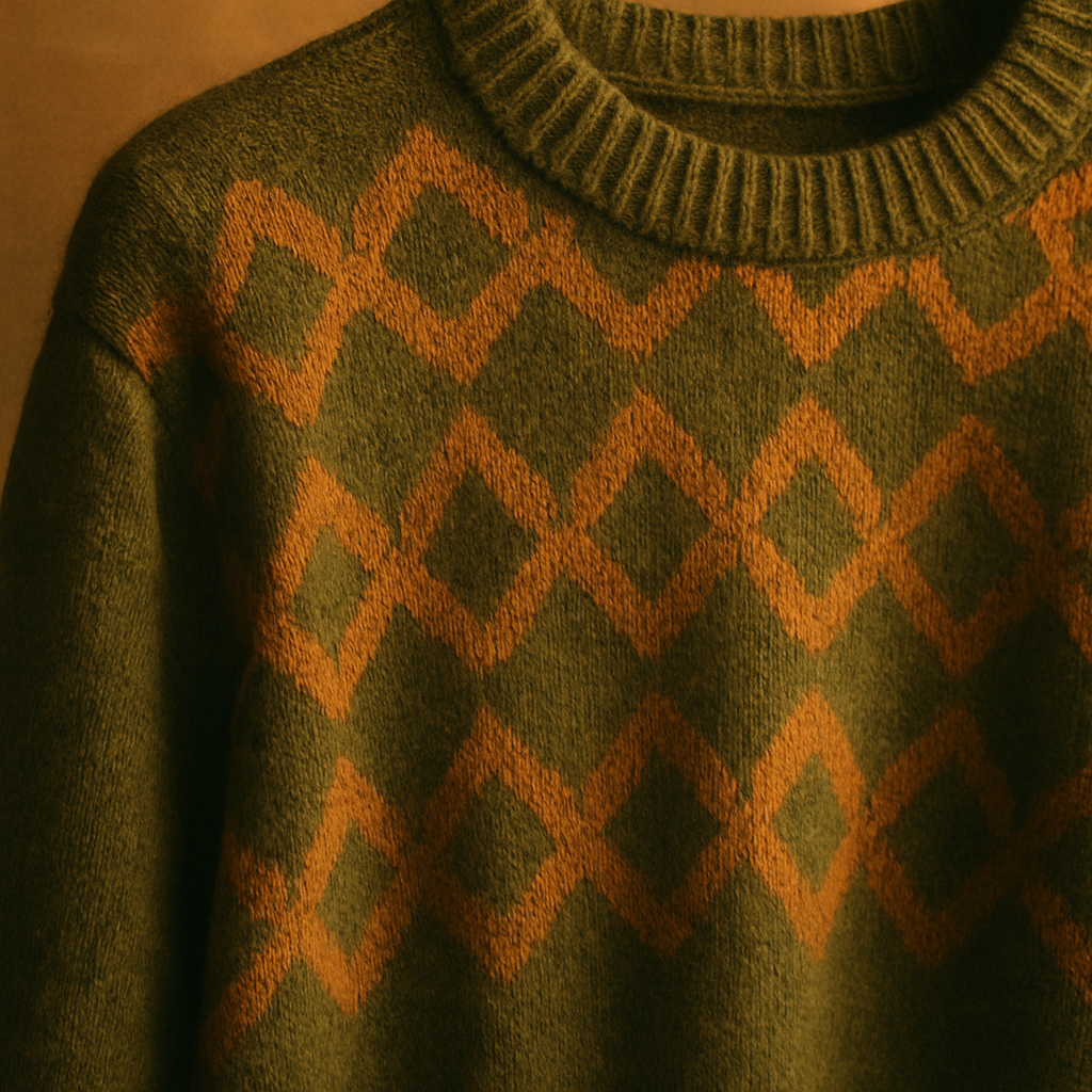 Close-up of a vintage statement knit with olive and amber geometric pattern