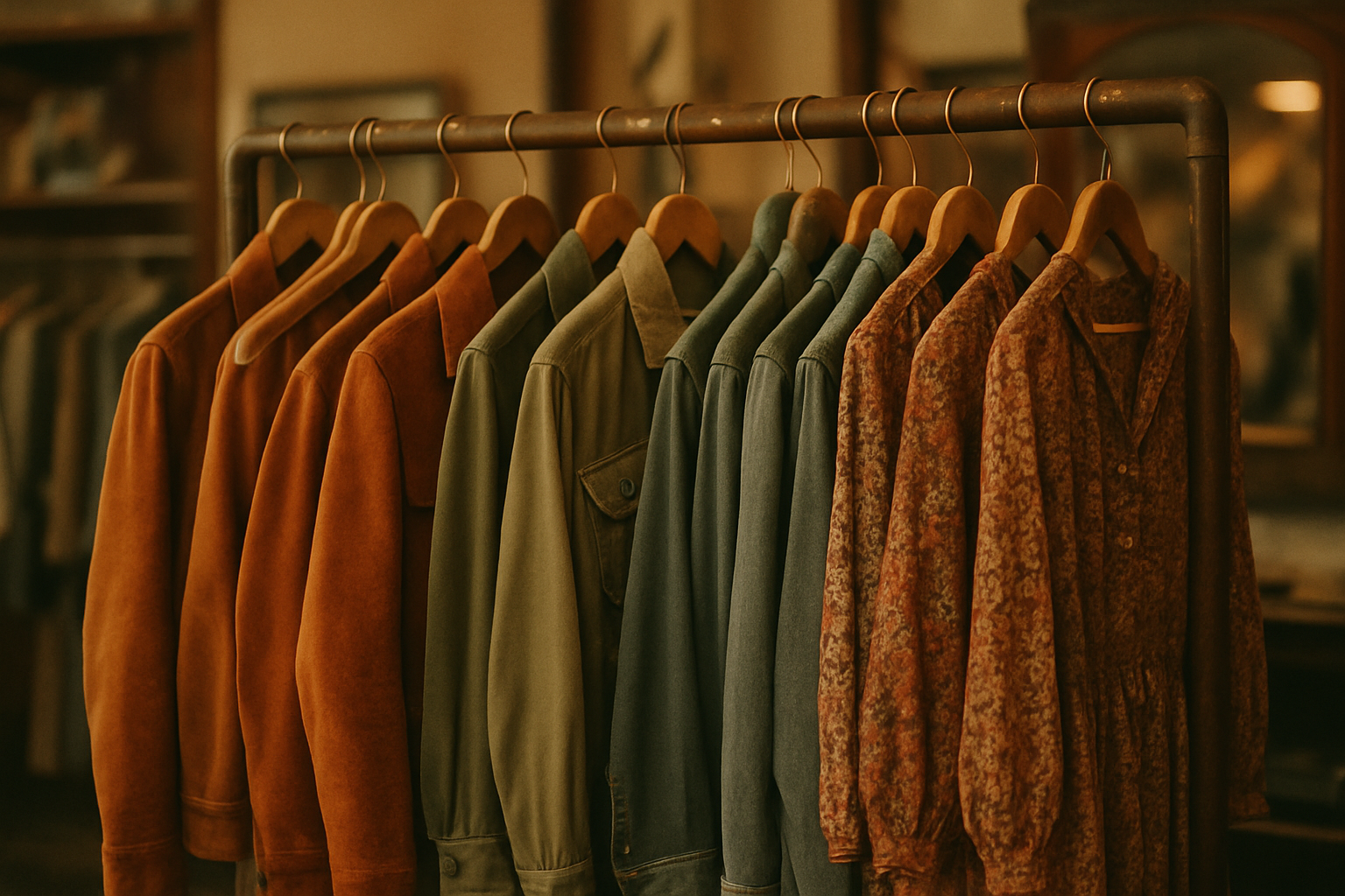 Warm film photograph of a vintage boutique rack with 70s and 80s garments