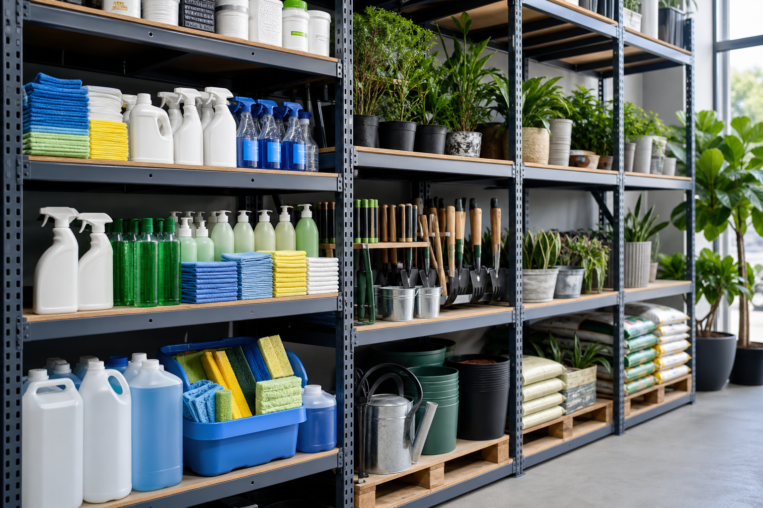 Neatly arranged cleaning supplies, gardening tools, and potted plants on warehouse shelves