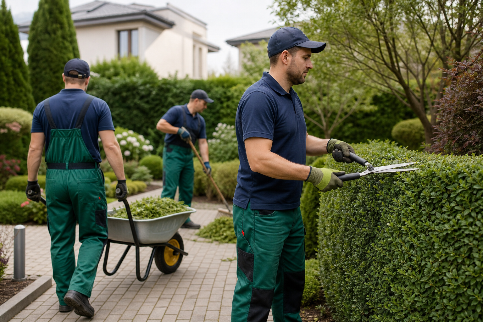 Professional yard cleaning team trimming hedges and collecting debris in a residential garden