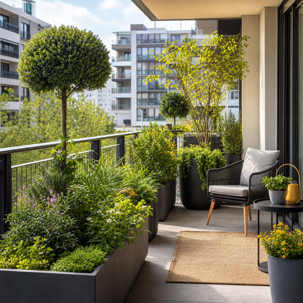 Residential balcony with planters, small trees, and seating surrounded by greenery