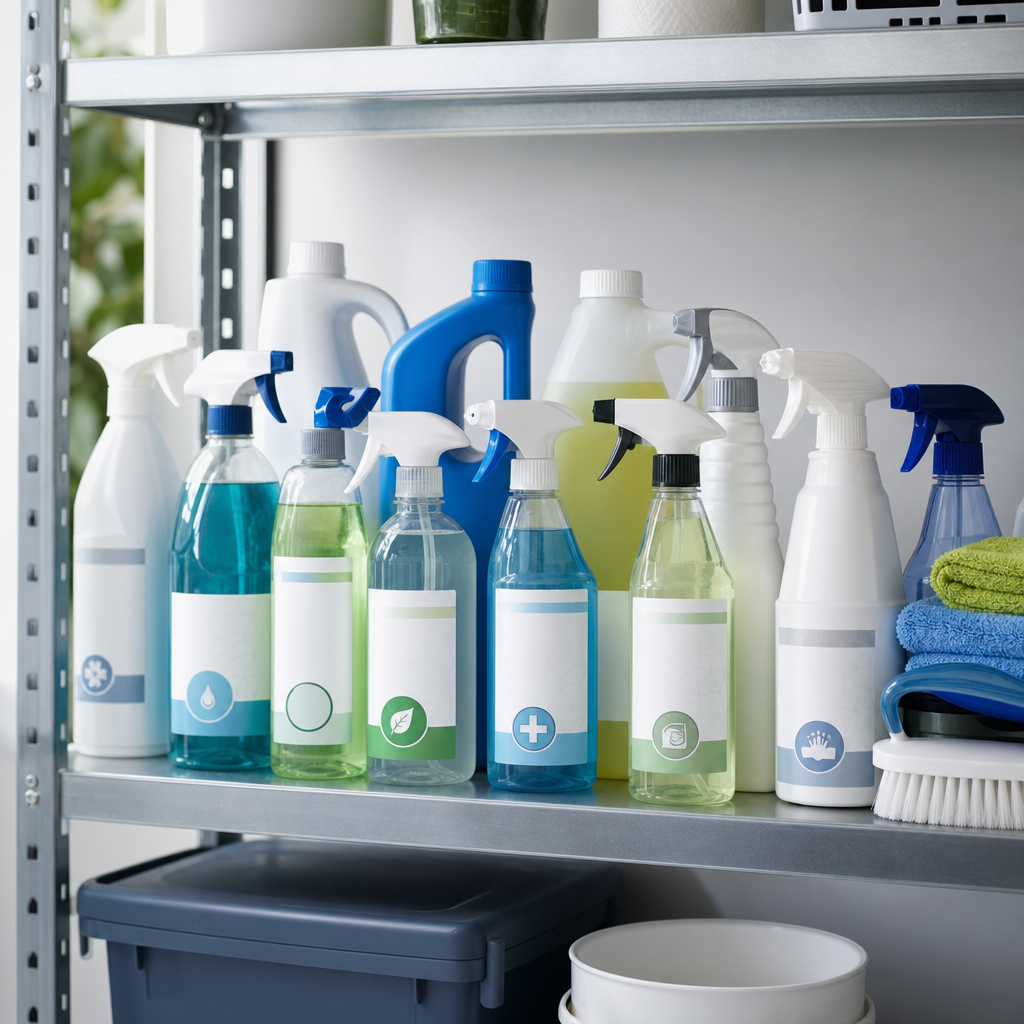 Assorted professional cleaning liquids and disinfectant sprays arranged on a utility shelf