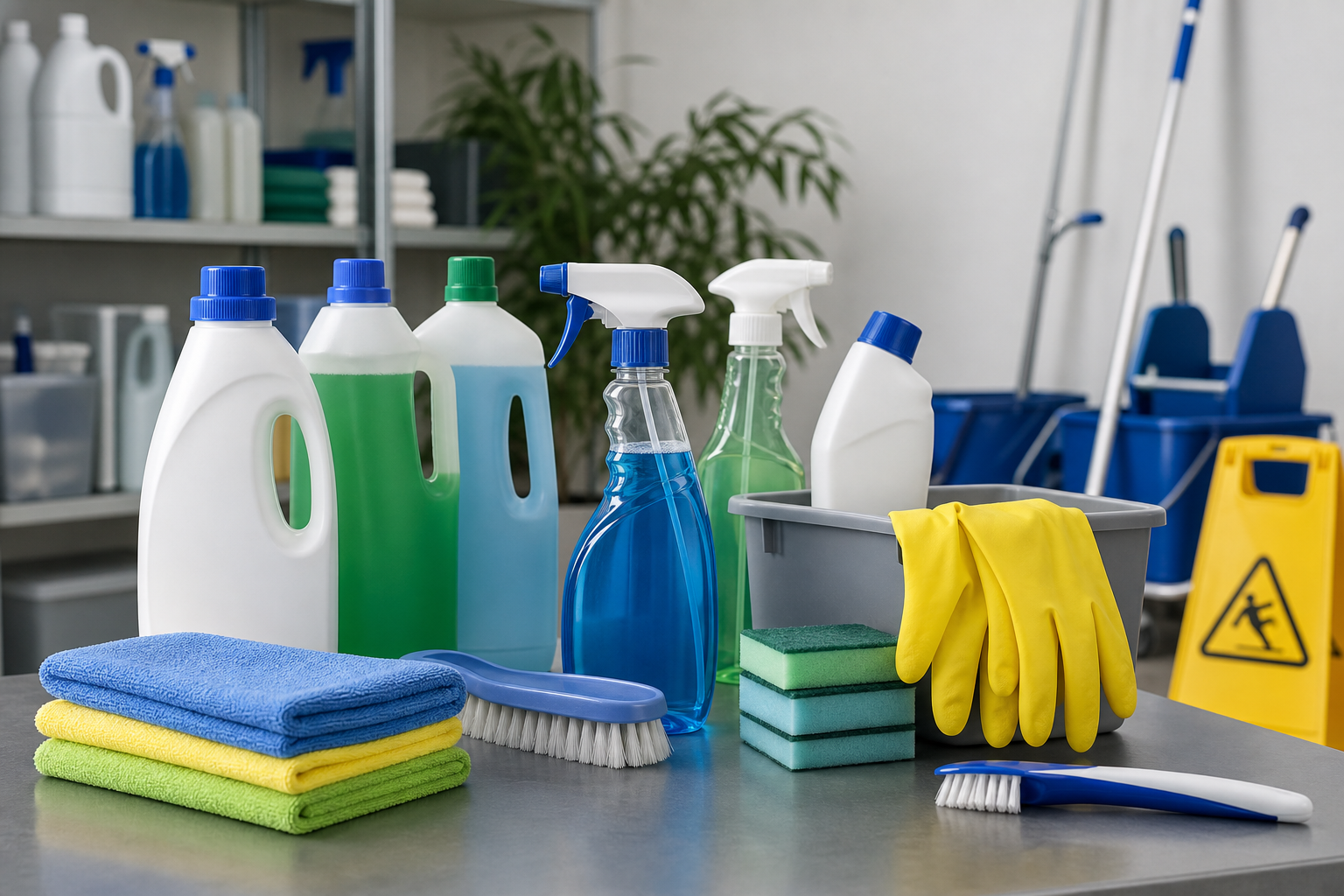 Commercial cleaning supplies and detergents arranged on a work table