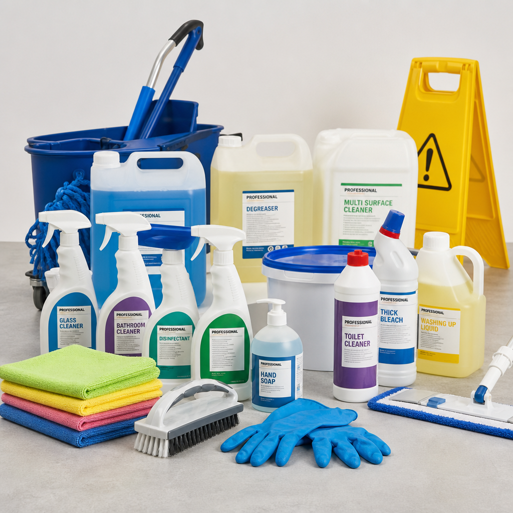 Assorted professional cleaning tools, detergents, and household supplies arranged on warehouse shelves
