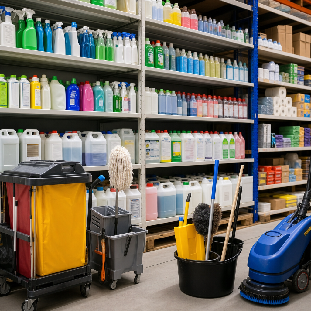 Assorted professional cleaning tools, detergents, and household supplies arranged on warehouse shelves