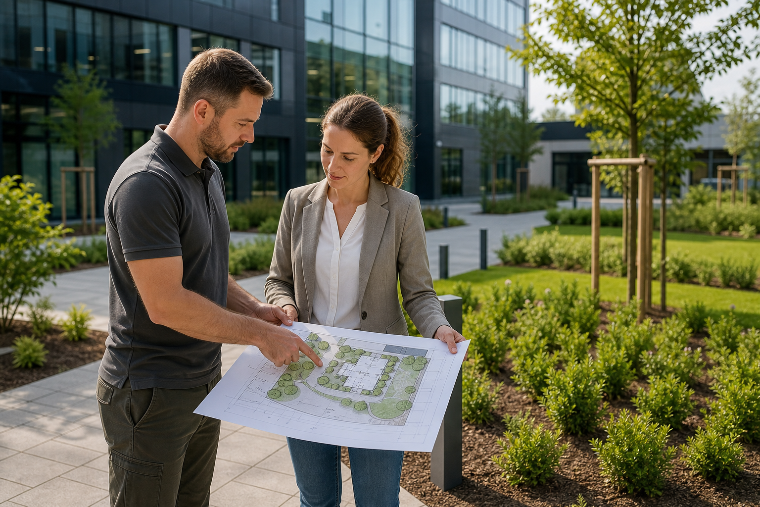 Landscape architects reviewing planting layouts at a modern commercial property with green zones