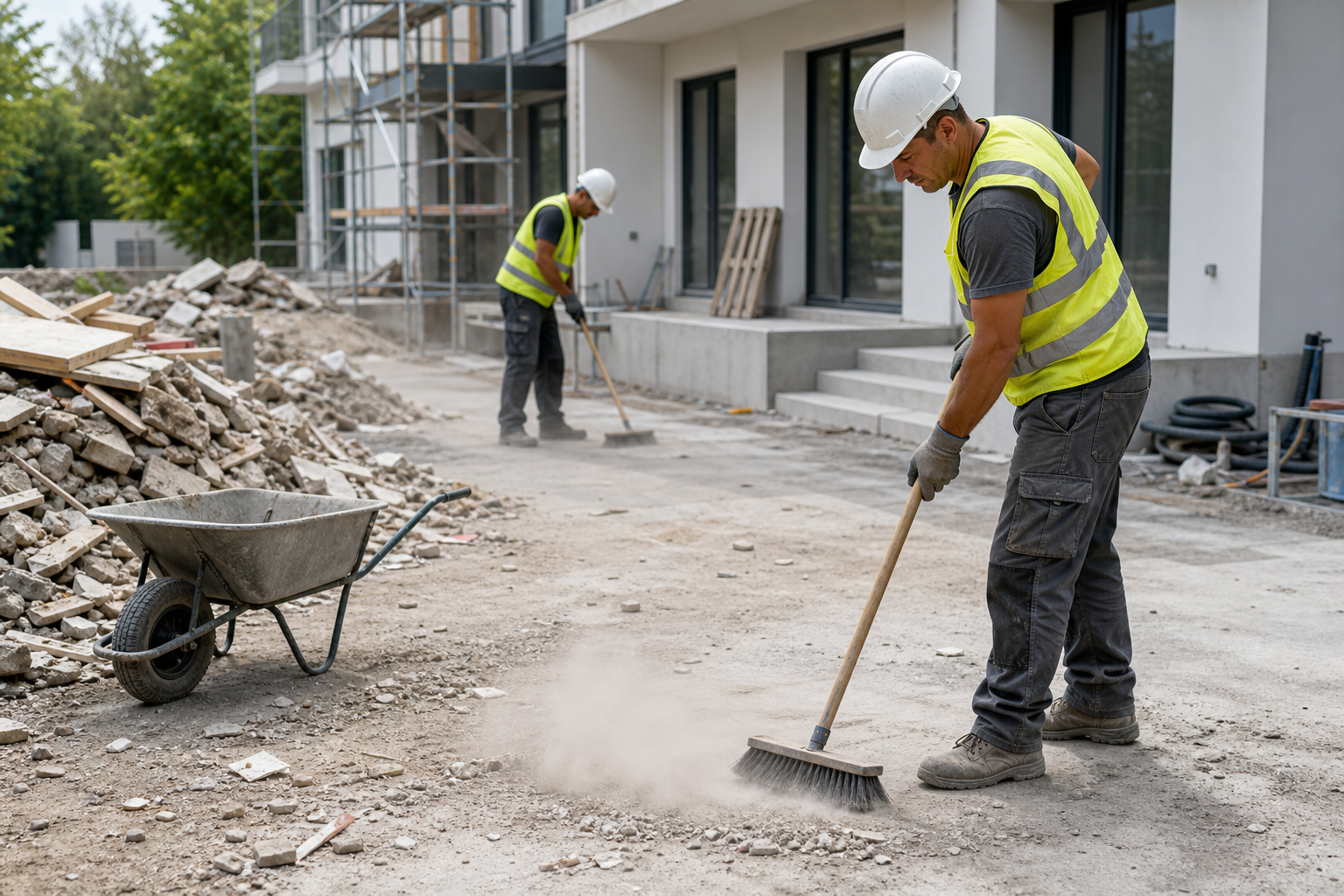 Cleaning construction residue from an outdoor site with sweeping tools and debris piles