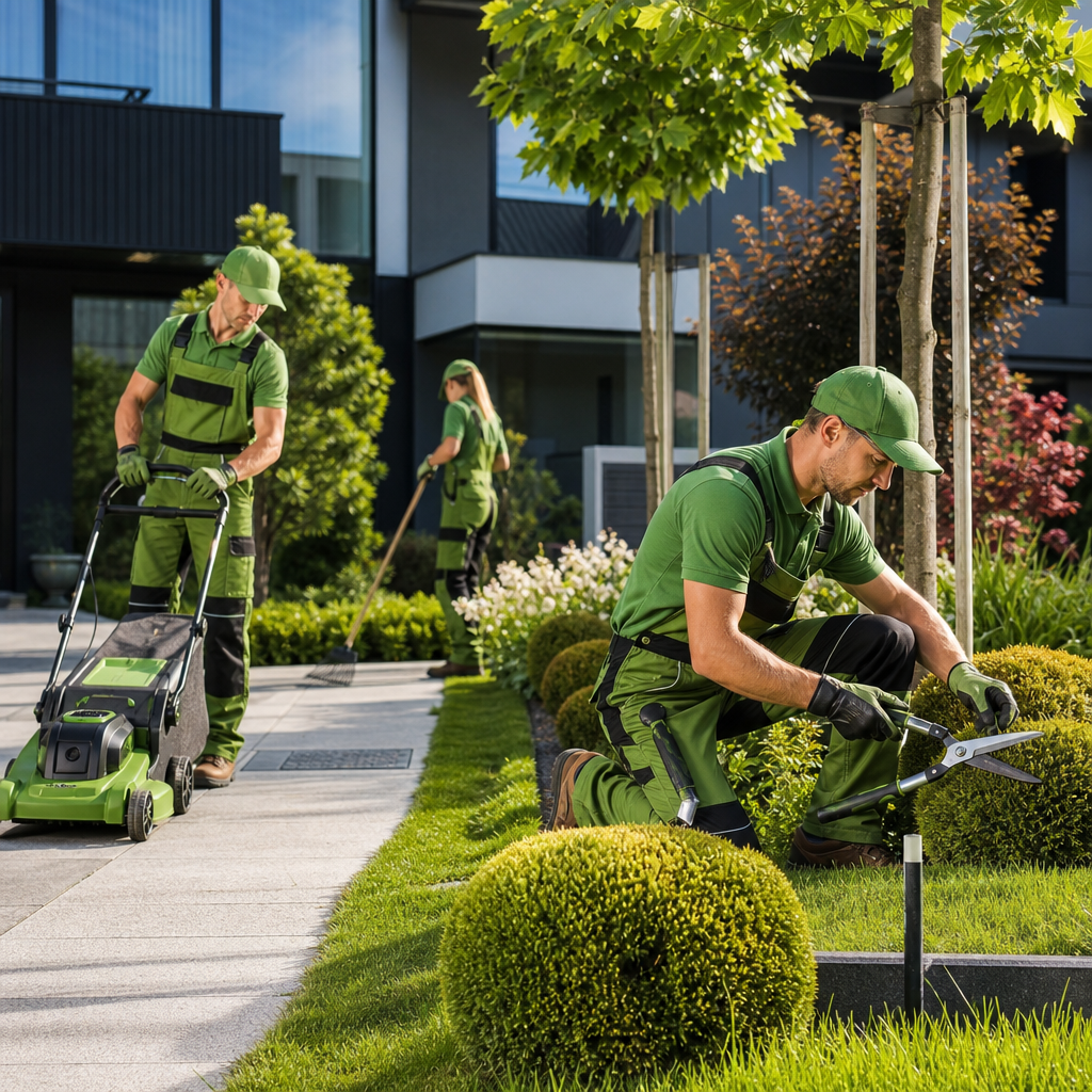 Workers collecting bags of yard waste and debris in a courtyard cleanup