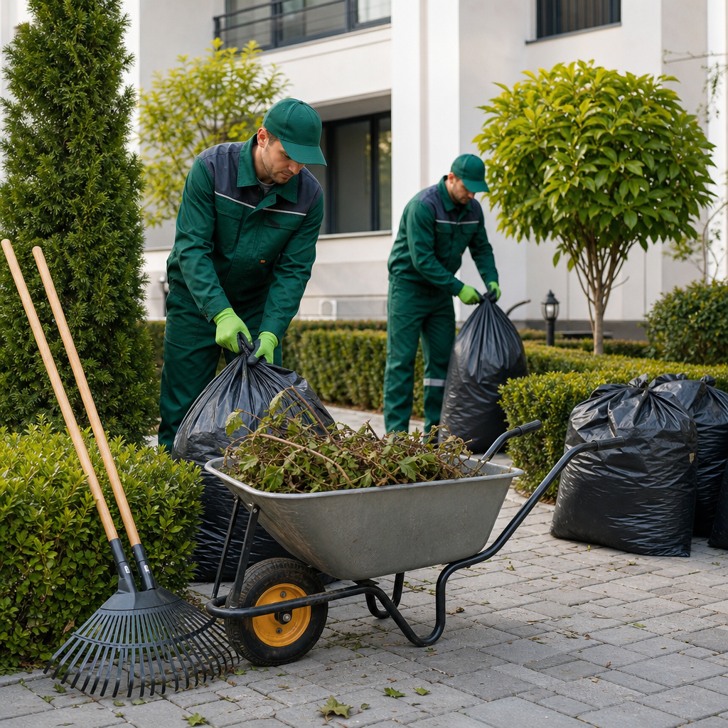 Workers collecting bags of yard waste and debris in a courtyard cleanup