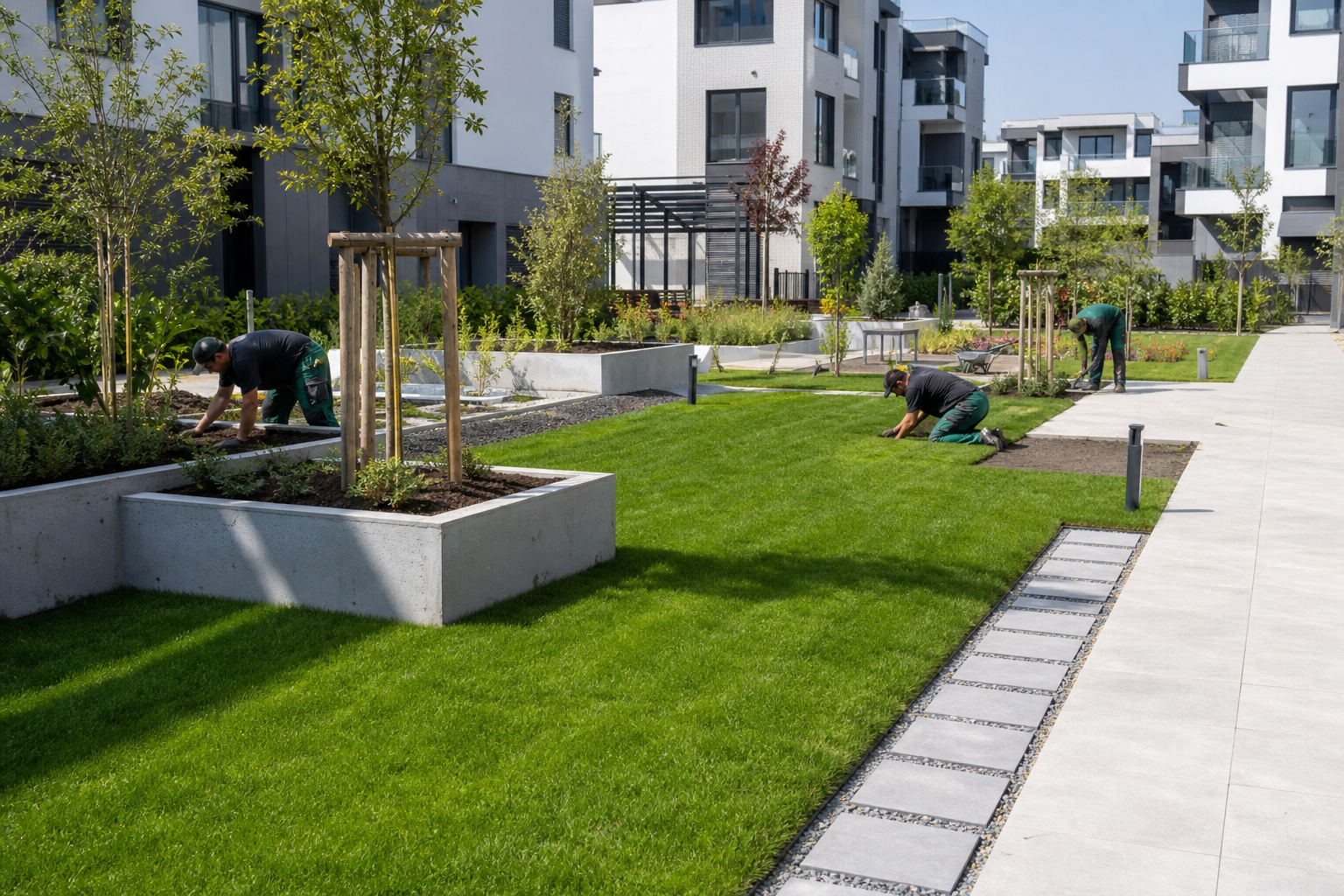 Modern courtyard undergoing green reconstruction with new lawn and planted beds