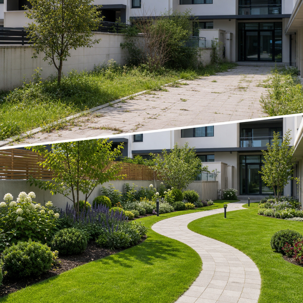 Renovated courtyard with fresh turf, new planting, and clean pathways