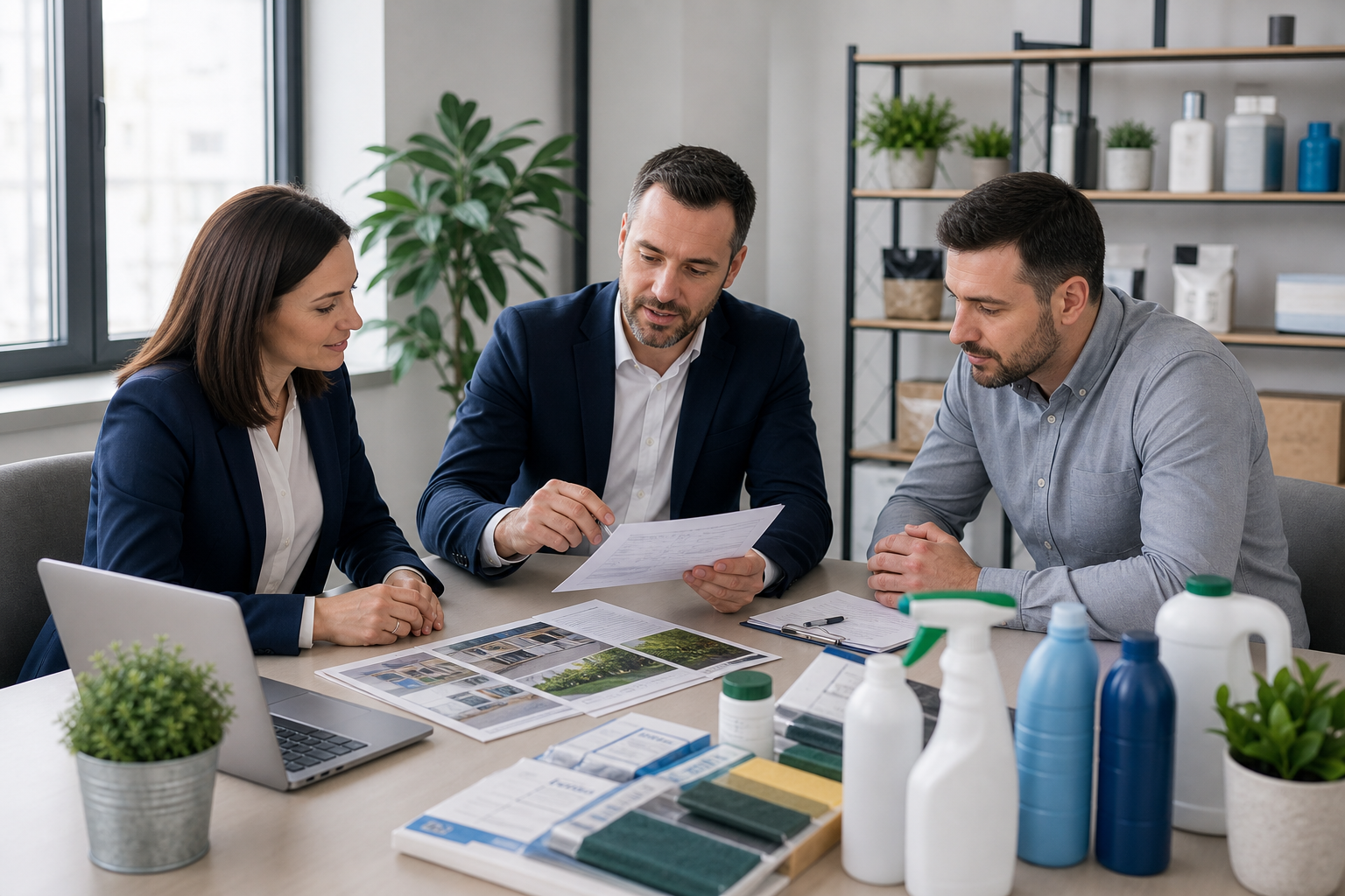 Business partners reviewing procurement documents and samples in a clean meeting room
