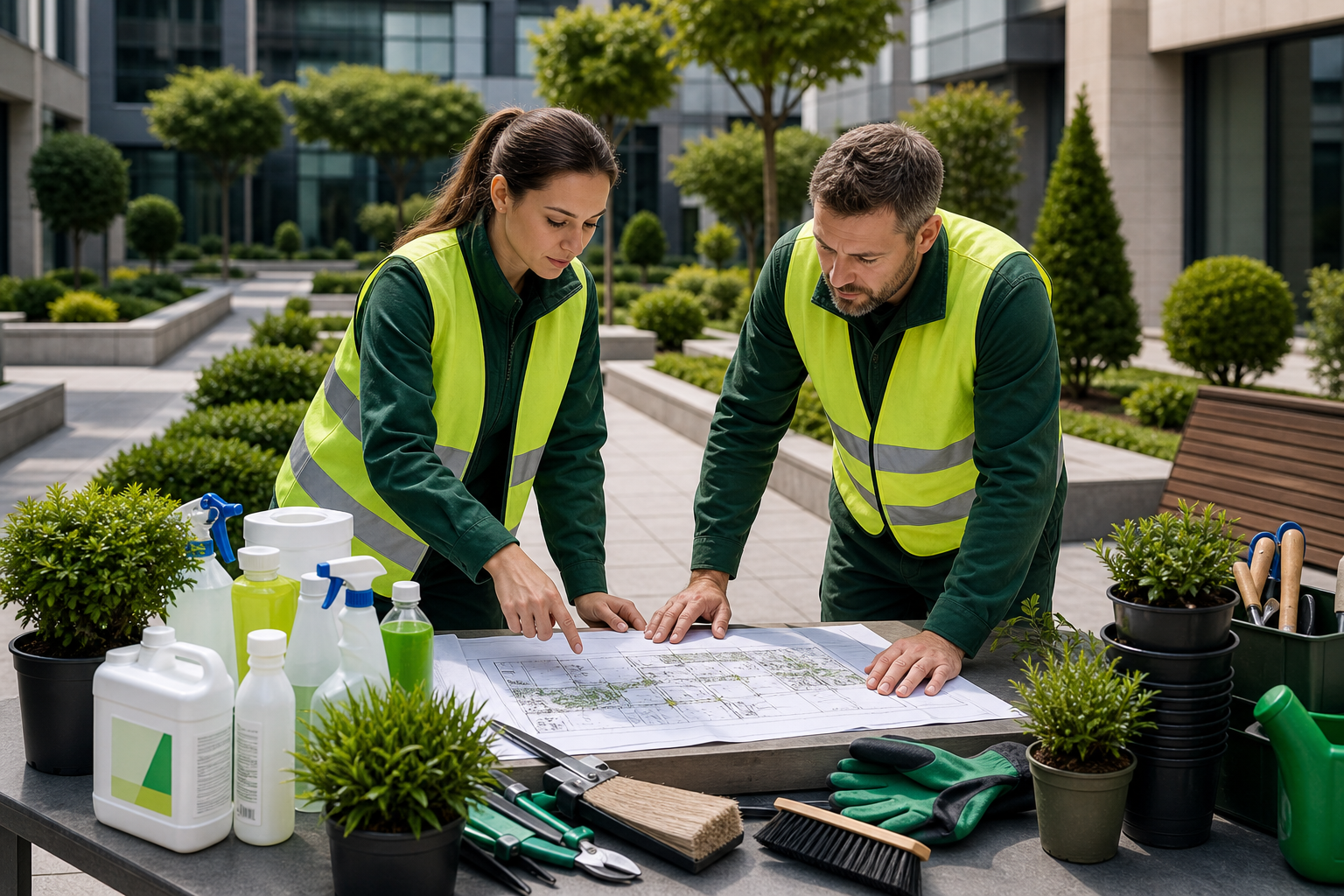 Commercial landscaping team reviewing a courtyard project with plan sheets, cleaning supplies, and potted plants
