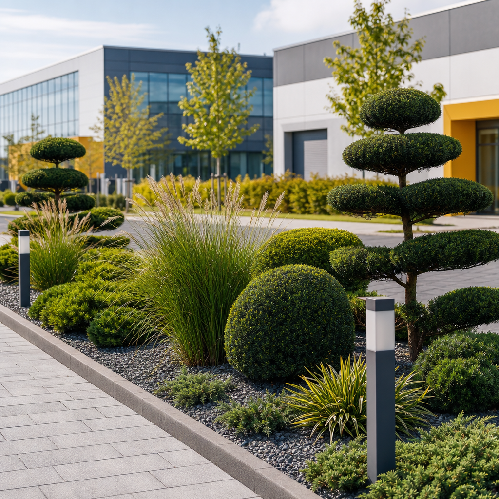Decorative plant layout with sculptural shrubs and ornamental grasses in a business park