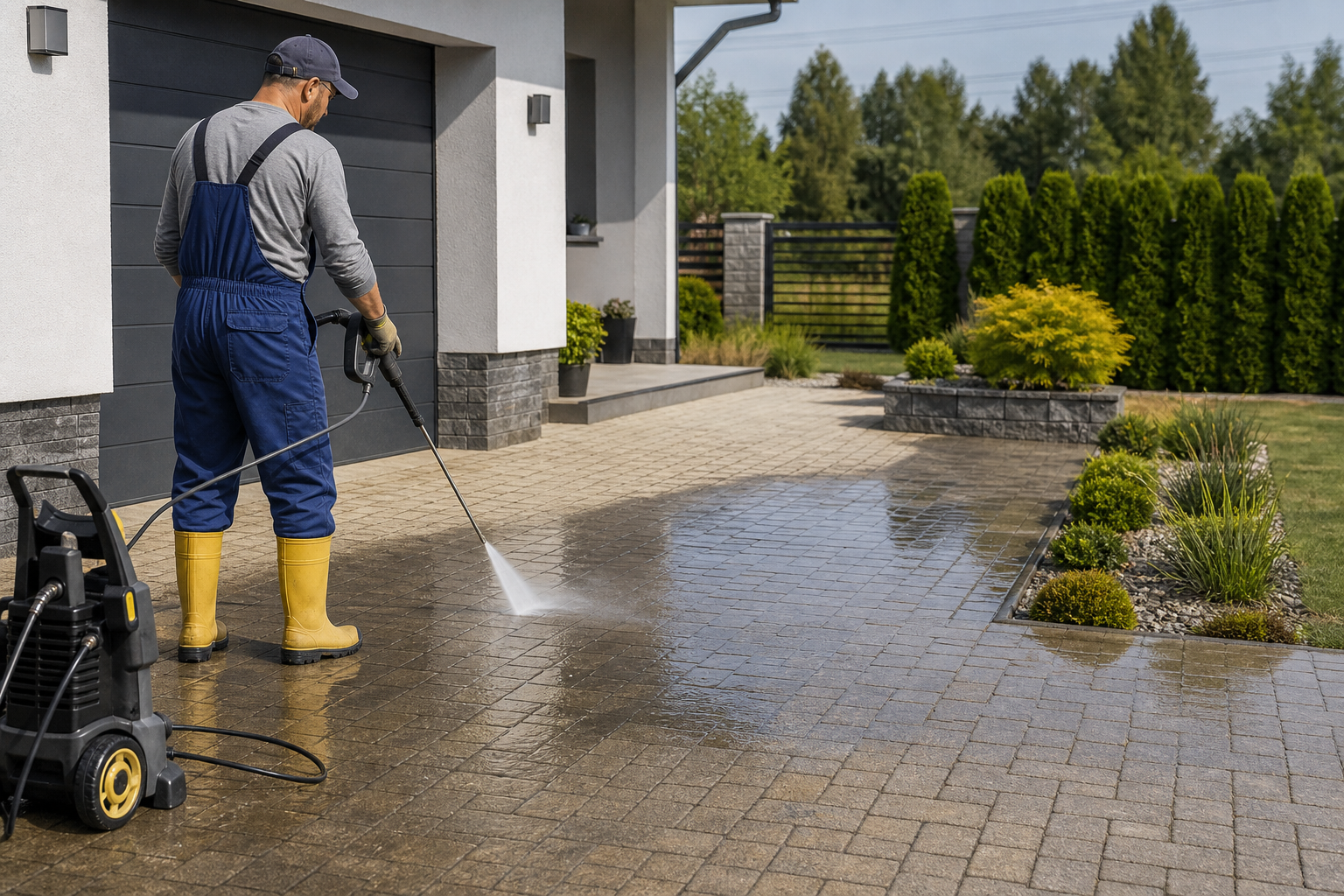 Pressure washing of a driveway and patio surface with visible clean lines